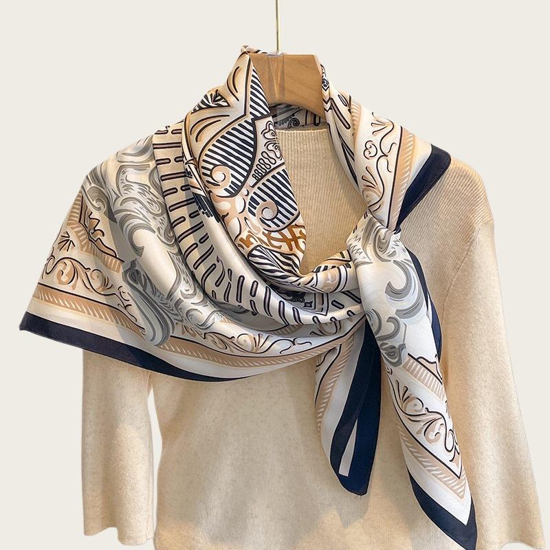 Temperament navy blue beige twill smooth silk scarf square scarf 91cm versatile square scarf shawl spring and autumn new scarf
