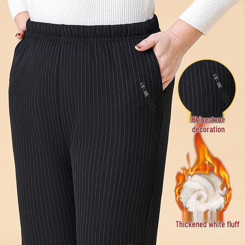Women's Winter Embroidered Floral Cotton Pants, Loose Fit, Elastic Waist, for Middle-Aged & Elderly, Plus Velvet, Straight-Leg.