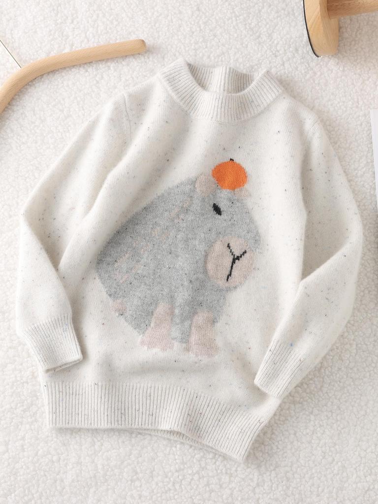 Hochwertiger 100% reine Wolle Kinder Pullover mit halbem Rollkragen Capybara Strick - Doppelfaden Verdickt