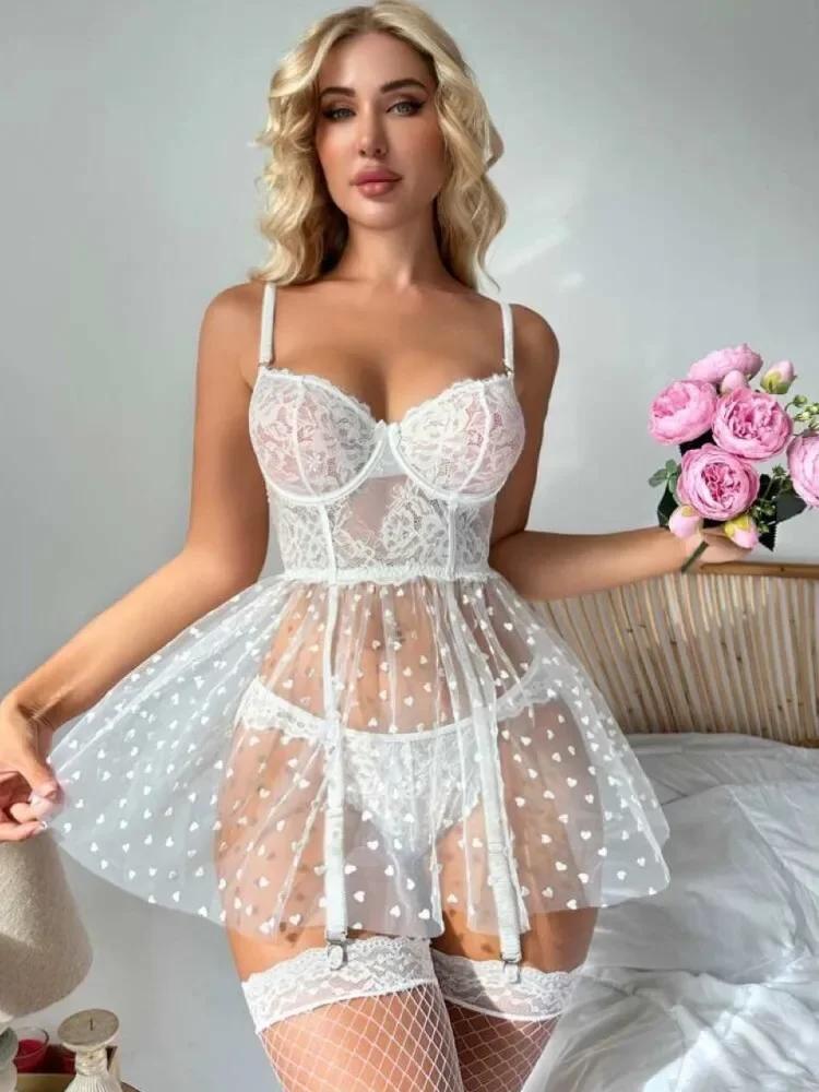 White Lace Mesh Transparent Mini Dress with Thongs Garter Set Women Sexy Lingerie Erotic Underwear Teddy Babydoll Porn Suit