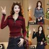 Reißverschluss Revers Strickpullover Damen Herbst Winter Pullover Color Block Langärmlig Slim Stricktop Weibliches Unterhemd