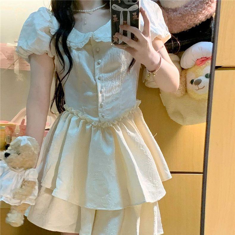

2025 French Preppy Peter Pan Collar Dress Set: Women s Summer Short Skirt M