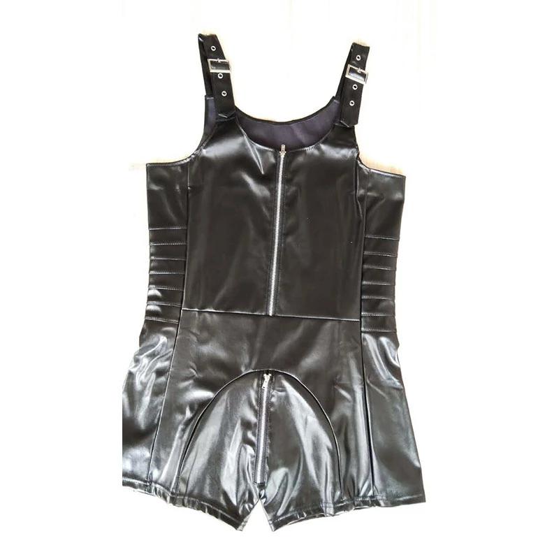 Men's Sexy Black Faux Leather Bodysuits One Pieces Tight Zipper Camisole Vest Clubwear Nightclub Stage Show Men Bodysuits