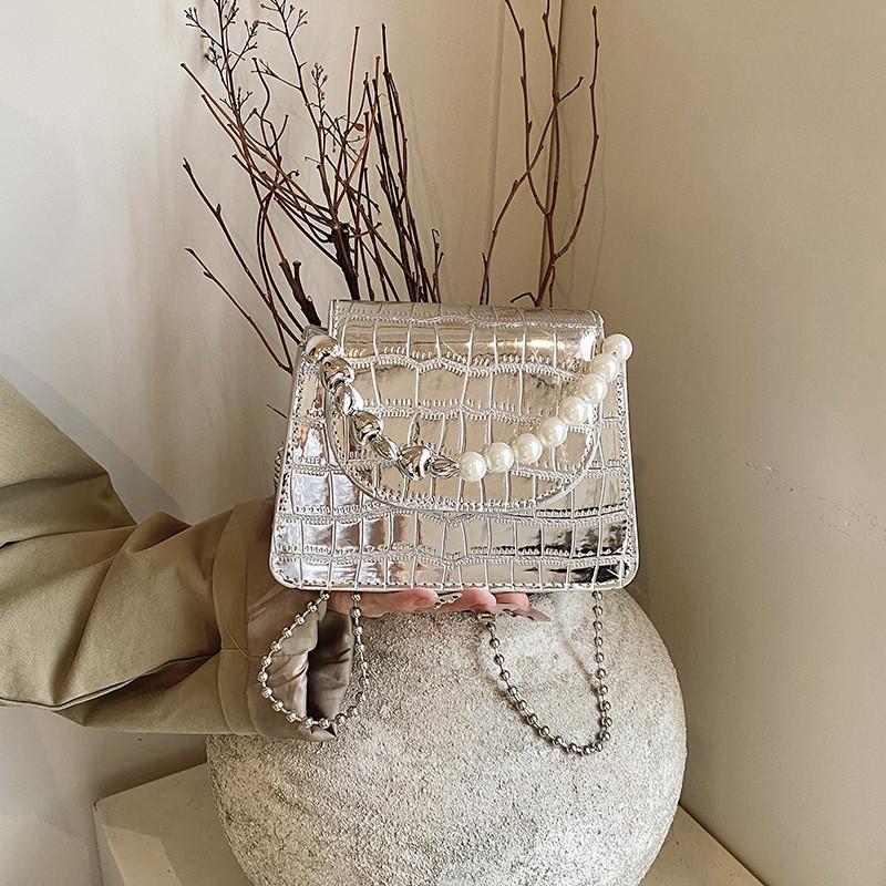 Pearl Simulated Fashion Decoration Crocodile Pattern Women Casual Square Bag