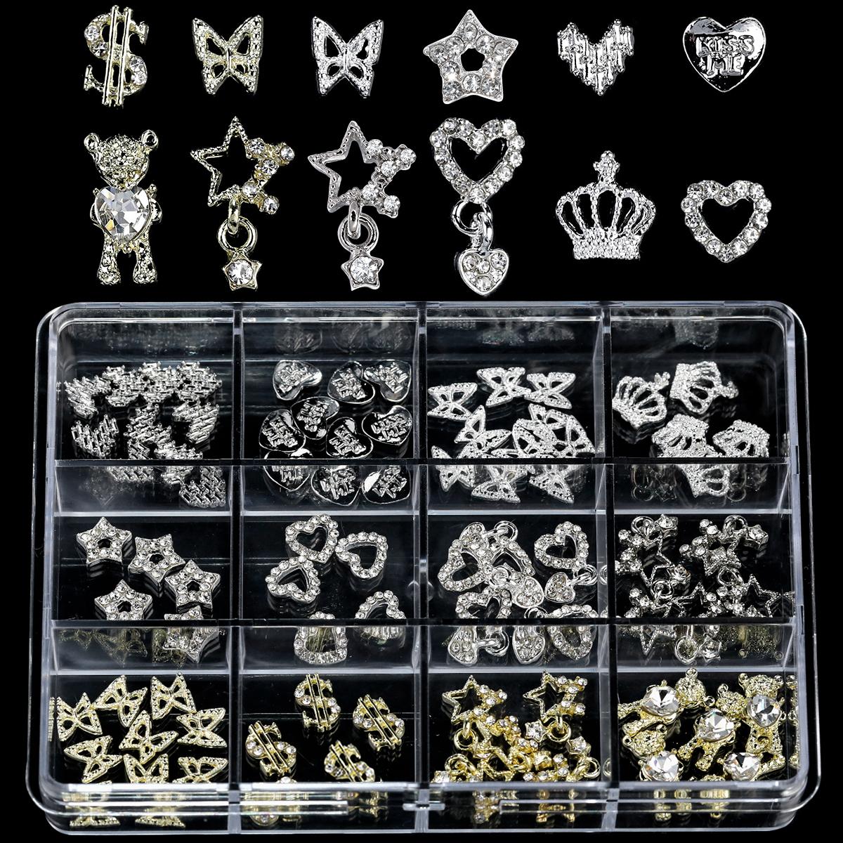 

3D Стразы для дизайна ногтей 12 ячеек Металлический сплав AB цвет Сердечки&Звездочки&Бабочки&Короны Шармы для ногтей DIY Декор для маникюра Аксессуары
