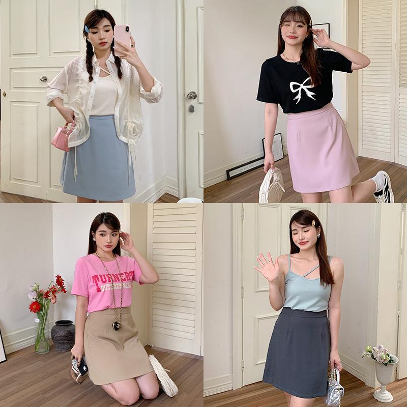 Summer Plus Size Women's Skirt Solid Colour Simple A-Line Elastic High Waist Half-body Skirt