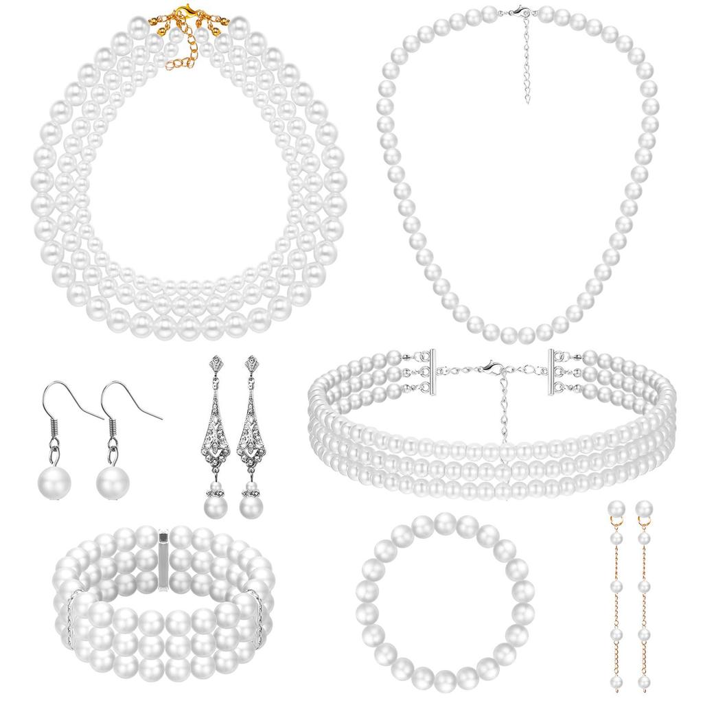 Popular European and American Fashion Jewelry, Niche Light Luxury Multi-layer Pearl Neck Chain Earrings, Pearl Necklace Set
