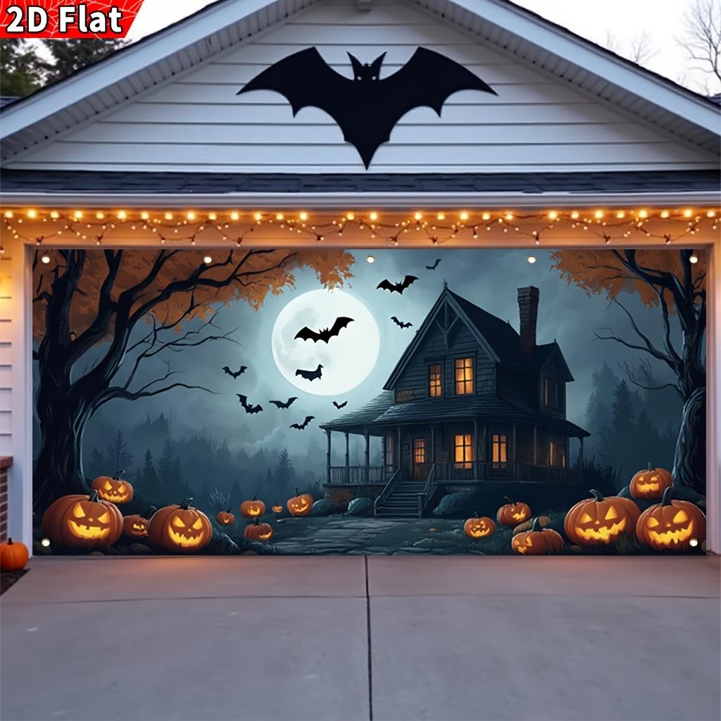 2D Plane, 1 Halloween Garage Banner - a Terrifying House with Windows and Pumpkins, Featuring a Full Moon and Bats Design