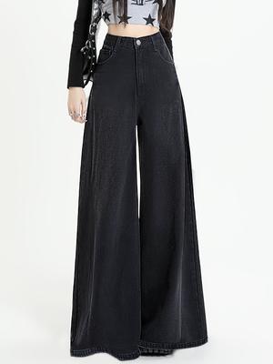 Calça jeans larga com bolsos inclinados pretos, calça jeans larga casual sem elasticidade, calça jeans feminina e roupas