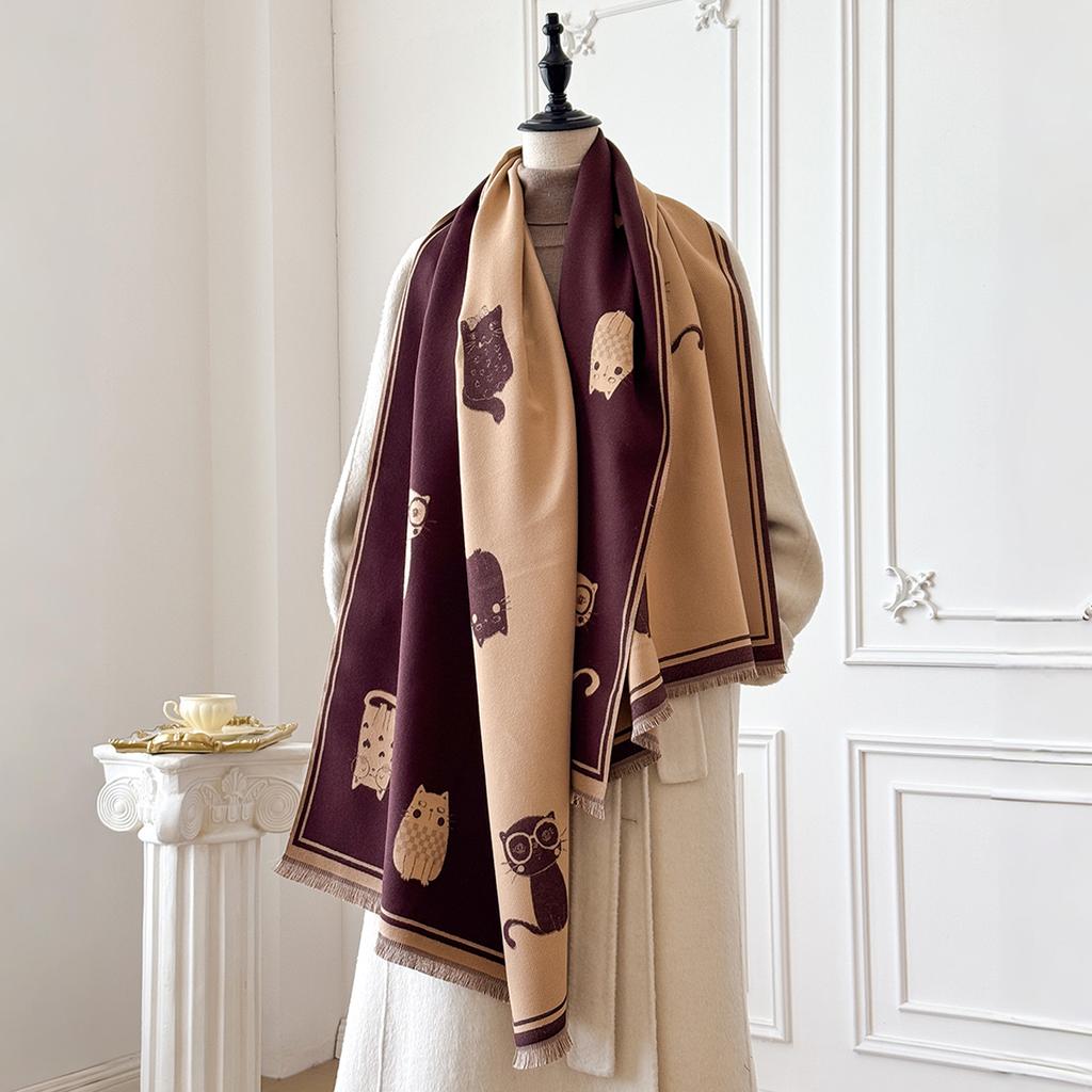 Cartoon Cat Printed Cashmere Scarves For Women Winter Thick Warm Blanket Scarf Shawl Wraps Ladies Fashion Pashmina Cape
