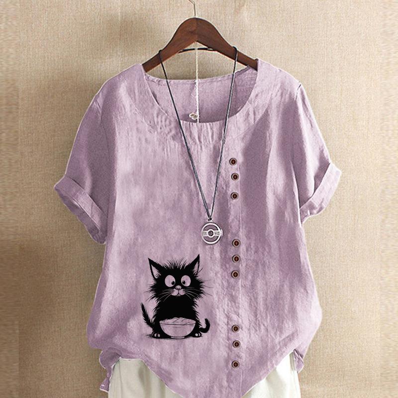 Women's Fashion Black Cat Prined Short Sleeve T-shirt Loose Cotton Shirt Casual Loose Summer Blouse Plus Size Tops