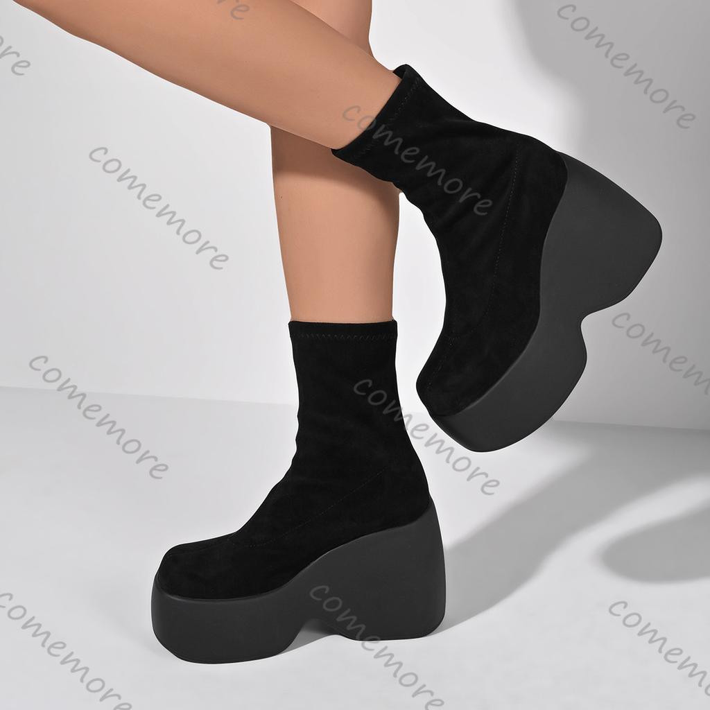 Fashion Comemore Punk Style Thick Bottom Elastic Boots for Women 2025 Autumn Black High Heels Vintage Short/Long Sock Boots Female Shoes