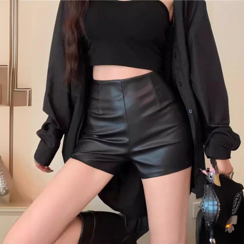 Women's Fall Winter High Waisted Bodycon Straight Leg PU Leather Shorts Y2K Sexy A-Line Hot Pants Mini Shorts Versatile Slim Fit Hot Pants