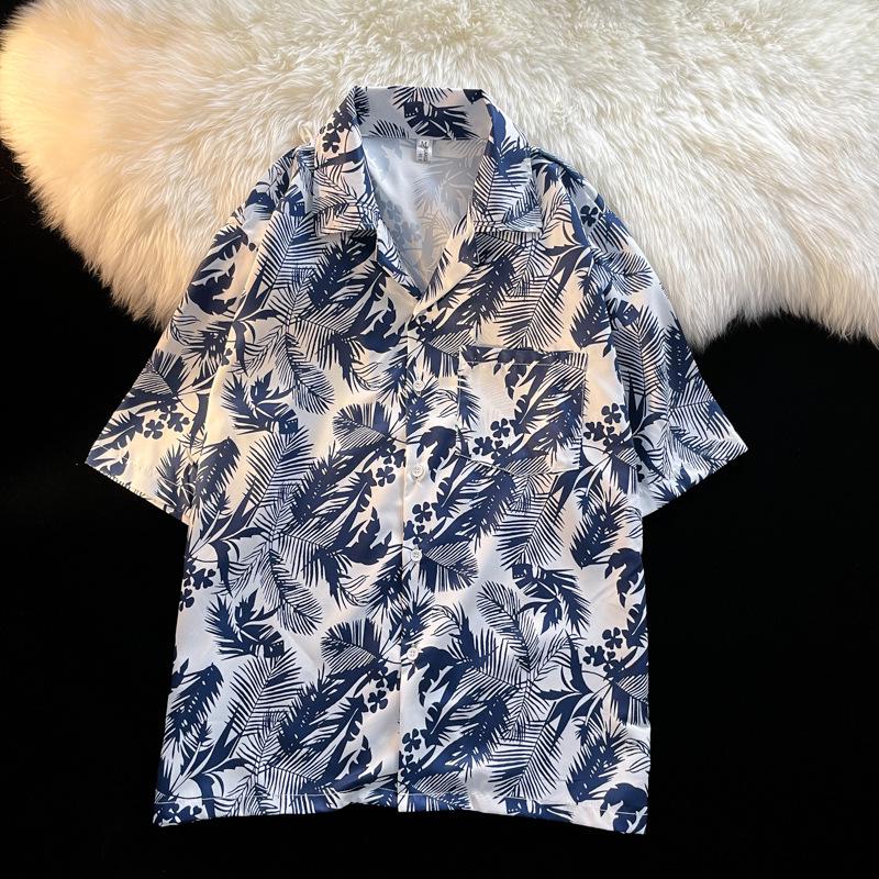 Unisex Vintage Kubakrage Blomsterskjorte - Løs passform, Hong Kong-stil, Kort erm, Perfekt for strand og par