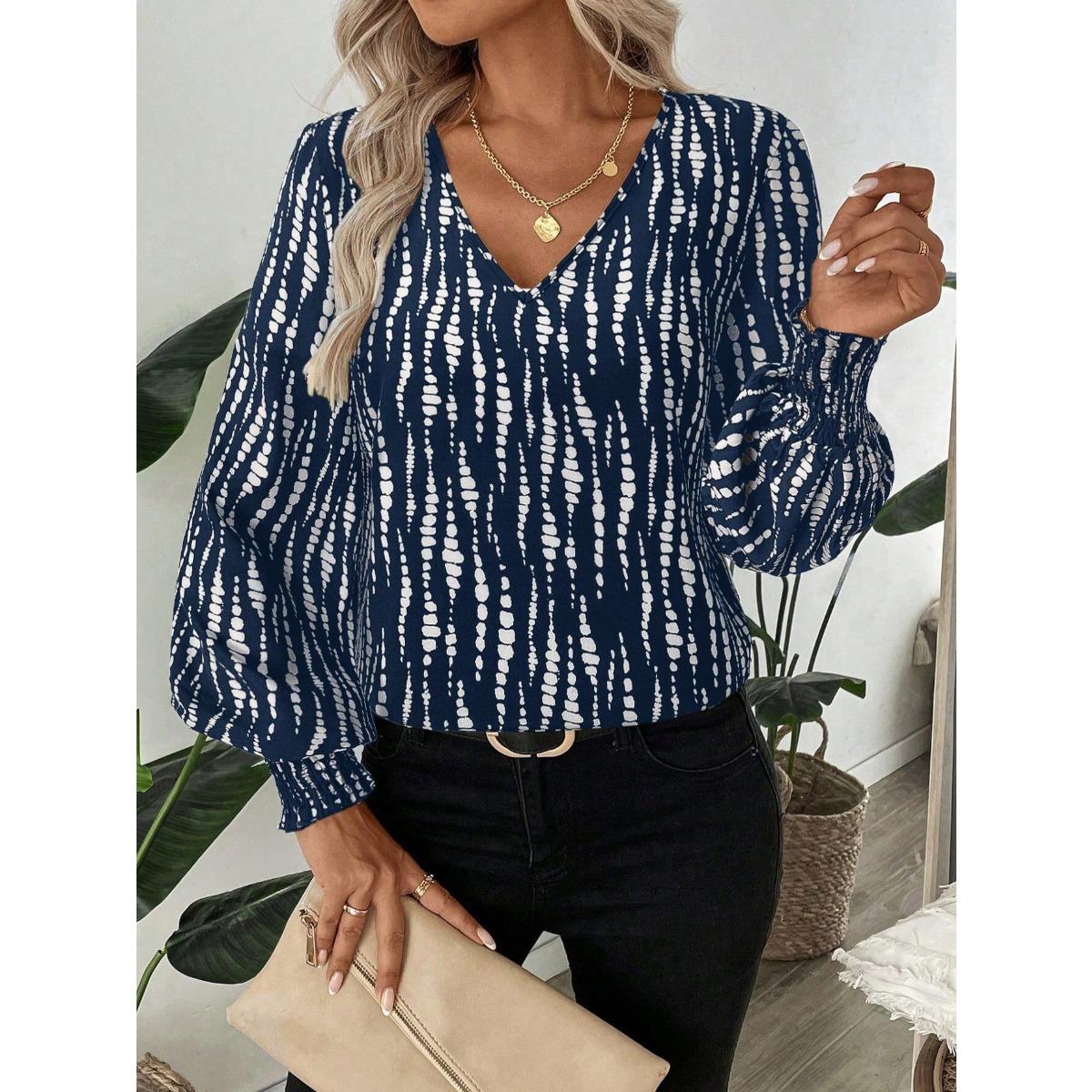 

Fall Winter Women s Fashion Printed Ruched Long Sleeve Elegant Blouse Top for European American XXL синій