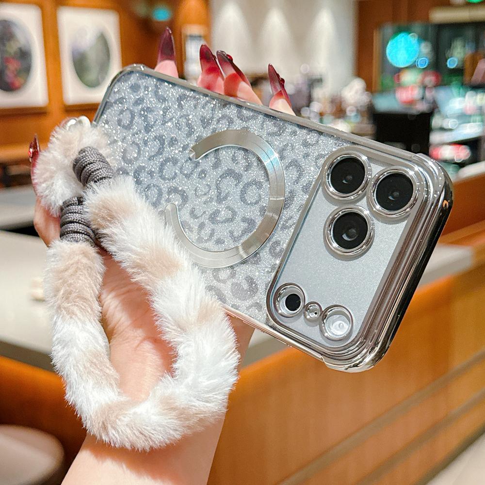 KEYSION Glitter Leopard Print Magnetic Phone Case for iPhone 13 14 15 16 17 Pro Max 17 Air 16 Plus With Plush Lanyard Shockproof Cover