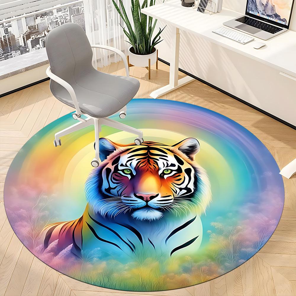 1pc Rainbow Tiger Print Chair Carpet for Office, Round Polyester Mat, Indoor Decor for Office, Washable Non-slip Carpet Yy251219067
