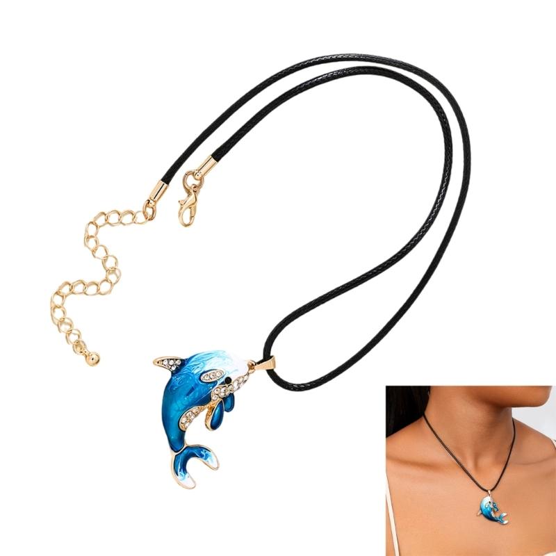 Rhinestones Dolphin Pendant Necklace for Women Adjustable Length Neckchain Choker Lightweight Comfortable Accessory