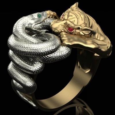 Viking Animal Jewelry Gift for Men Boys Vintage Gothic Red Eyes Tiger Head Ring Gold Tiger Silver Snake Fighting Punk Hip Hop Green Eyes Snake Wrap Ring Snake Tiger Ring for Men