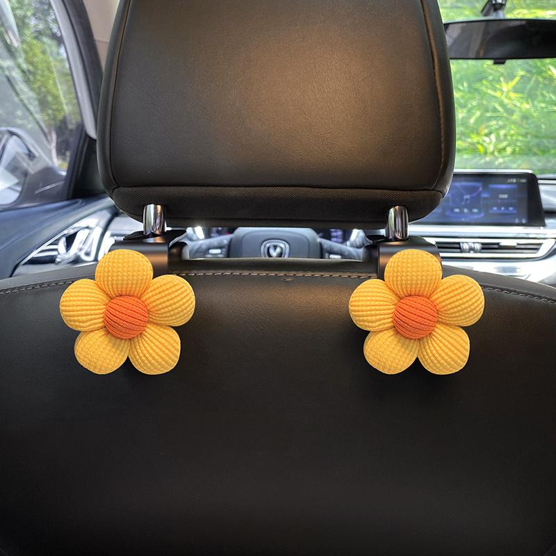 2PCS Cute Cartoon Flower Car Seat Back Hooks Storage Vehicle Headrest Organizer Hanger for Groceries Bag Handbag Auto Decor