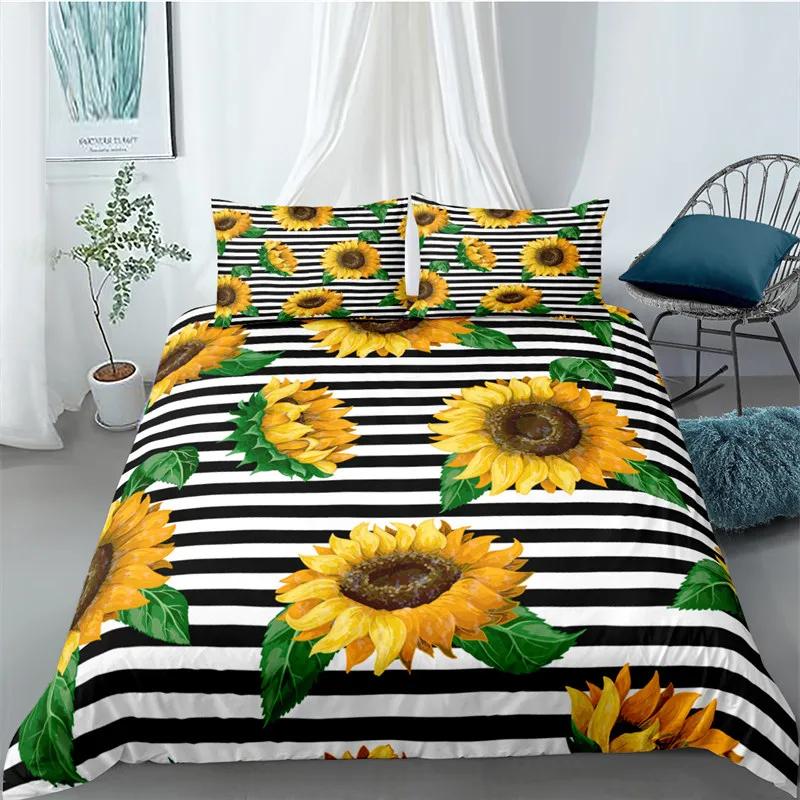 Sonnenblumen-Bettbezug, gelbes Blumen-Bettwäscheset, Einzel- und King-Size-Mikrofaser, Bauernhaus-Bettbezug mit grünen Blättern und Blumenmuster und Kissenbezug