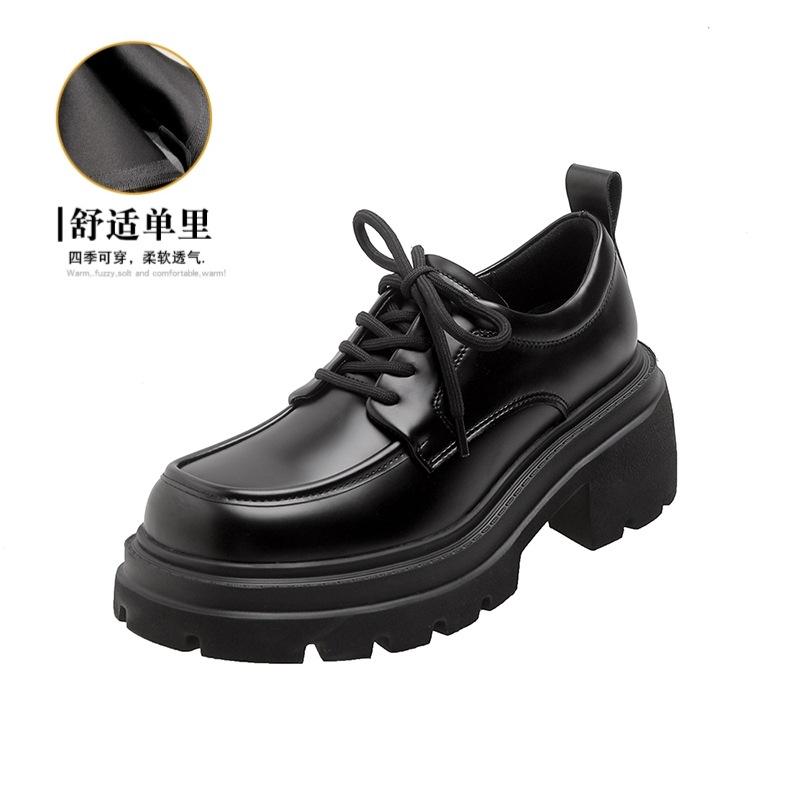 Fenglefu маленькие кожаные туфли женские на платформе весенние новые лоферы черные восемь толстый каблук шнуровка одинарные туфли 33 4247₽