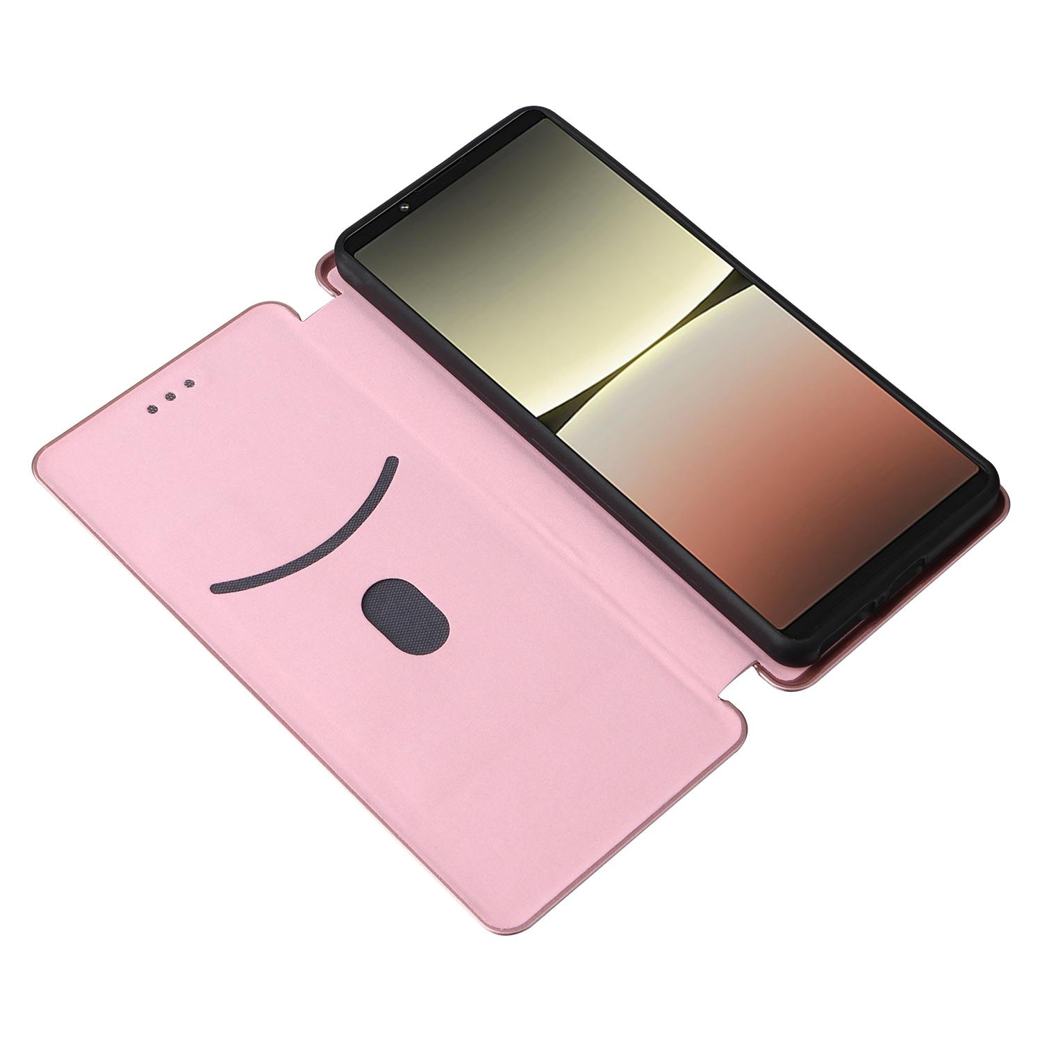 

For Sony Xperia 5 IV 5G Carbon Fiber Texture Phone Case PU Leather Magnetic Auto-absorbed Stand Card Slot Phone Shell Rose Gold