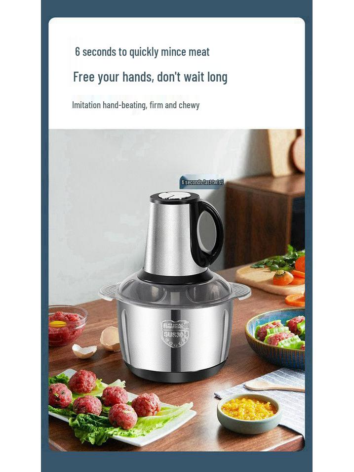 Stainless Steel Electric Meat Grinder & Multi-function Food Processor with Dough Kneading, Garlic Paste, and Vegetable Shredder