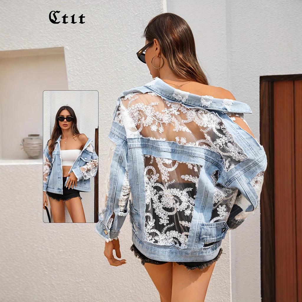 Women's Summer Lace Spliced Denim Jacket - Casual Fairy Style with Mesh Embroidery and Ripped Details