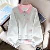 Girls' Autumn Sweatshirt with Bow Collar and Embroidery - Fashionable Academy Style Color Block Top