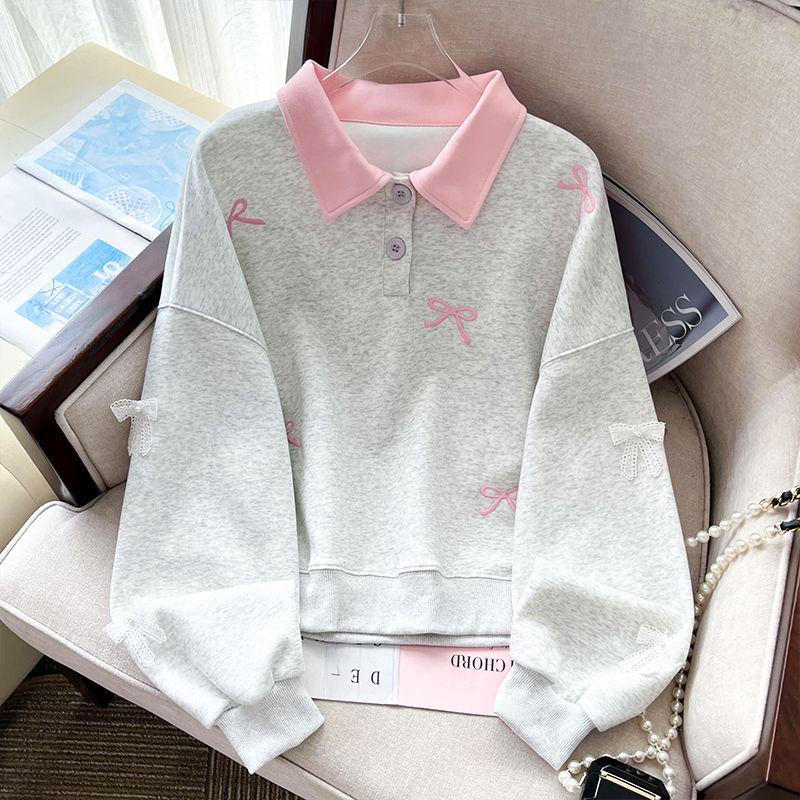 Girls' Autumn Sweatshirt with Bow Collar and Embroidery - Fashionable Academy Style Color Block Top