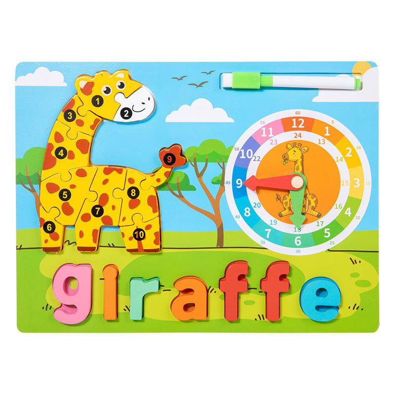 

Montessori Learning Playthings 2 in 1 Wooden Drawing Spelling Board Animal Time Clock Cognition Game Children Ideal for Children Early Learn жирафовый