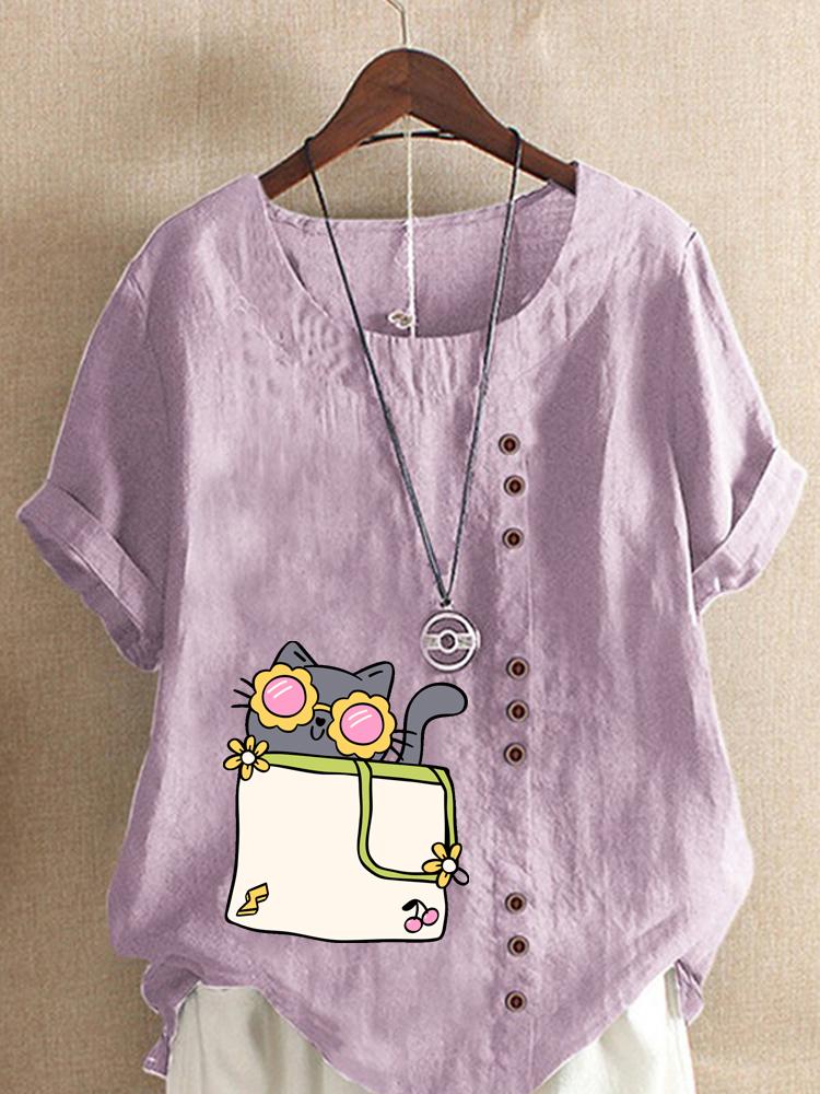 Women's Fashion Cat Print Casual Cotton Linen Short Sleeve Round Neck T-shirt Shirt Leisure Loose Summer Blouse Tops
