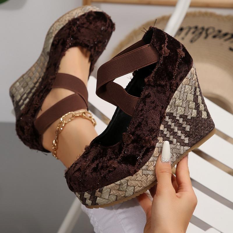 Fashion Shoes Female 2025 Fashion Retro Women's Platform High Heels Round Toe Super High Wedge Pumps Plus Size Shallow Elastic Band