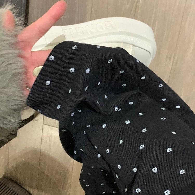 Women's High Waist Black Polka Dot Floral Wide-Leg Trousers with Velvet Lining - Autumn/Winter