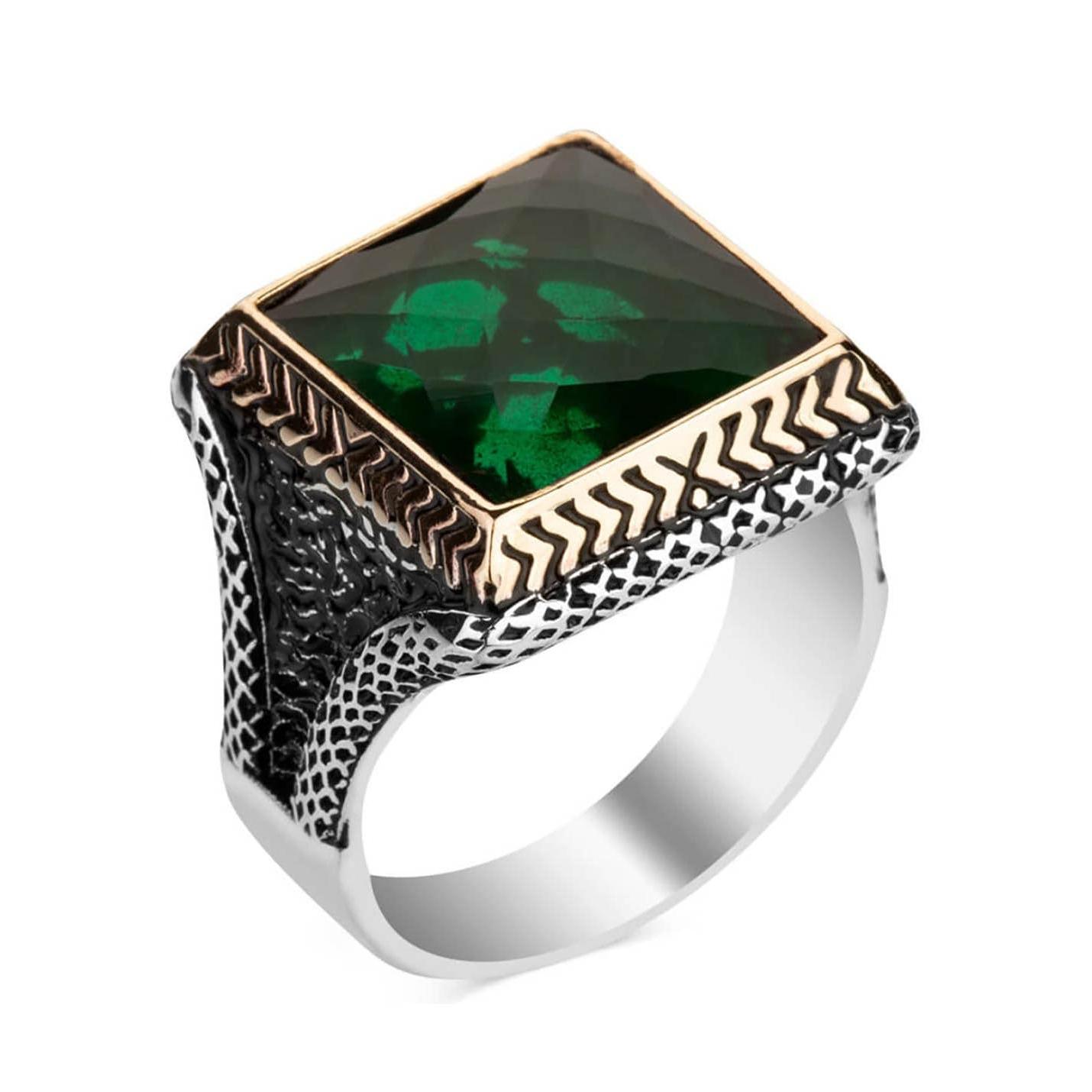 

Square Design Men s Silver Ring With Green Zircon Stone