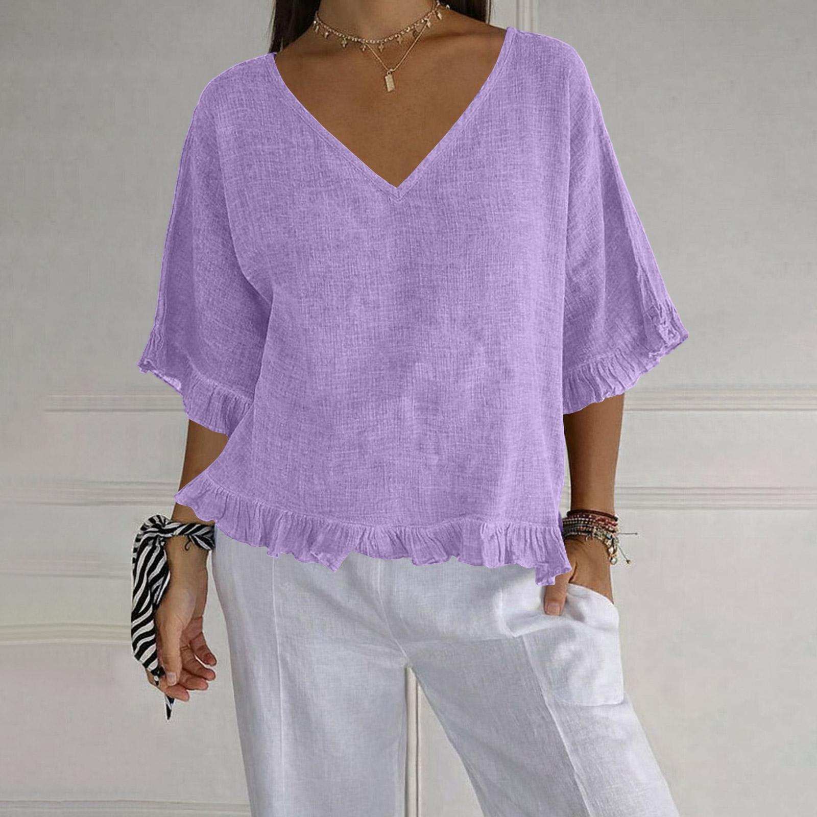 

Women’s V Neck Ruffle Hem Blouse Loose Fit Three Quarter Sleeve Lightweight Pullover Top Casual Style XXL