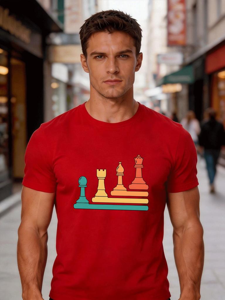 Unisex Red Crew Neck Tee Gradient Color Pawn Rook Bishop Queen Chess Pieces Graphic Retro Board Game Lover Casual Cotton Tops