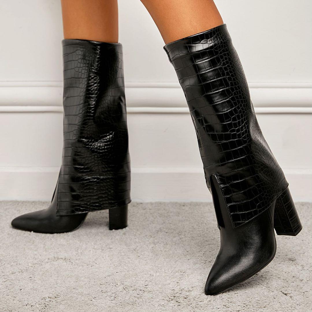 

Черные складные ботинки до середины икры, женская осенне-зимняя обувь, женская обувь с острым носком, ботинки на высоком каблуке, женские длинные современные ботинки, размер 35-42