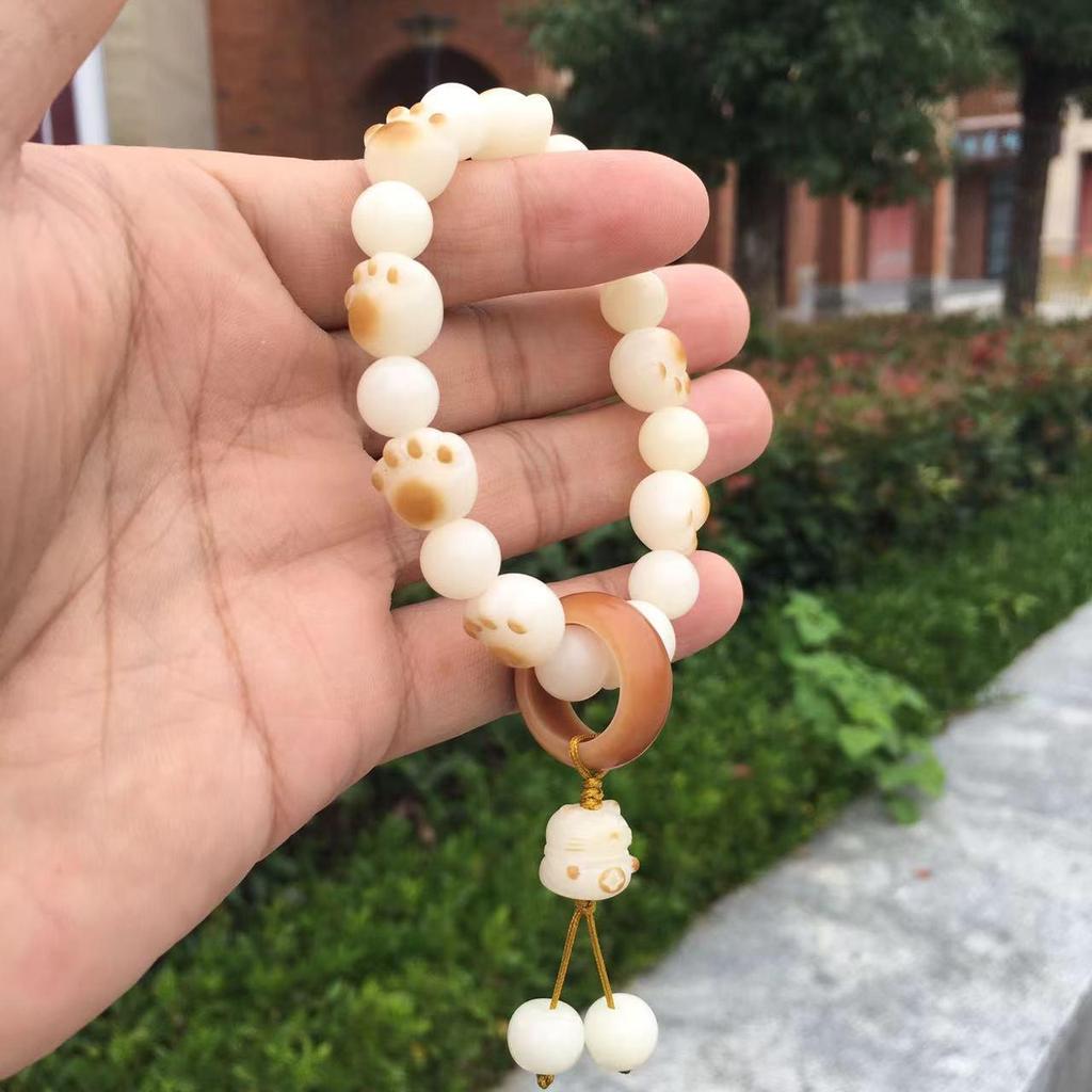 Women's Natural White Jade Charcoal-Grilled Bodhi Root Cat Paw Bracelet with Finger-Wrapped Prayer Beads