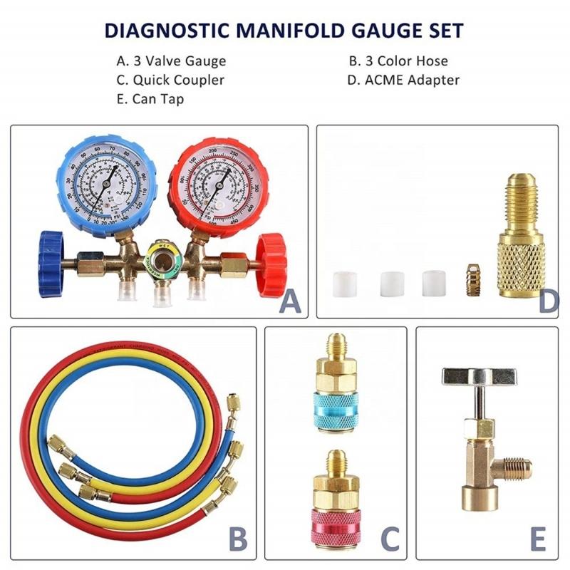 Complete Air Conditioning Manifold Gauge Set For R134A R22 R502 Refrigerants Includes Couplers Adapter Puncturing Device