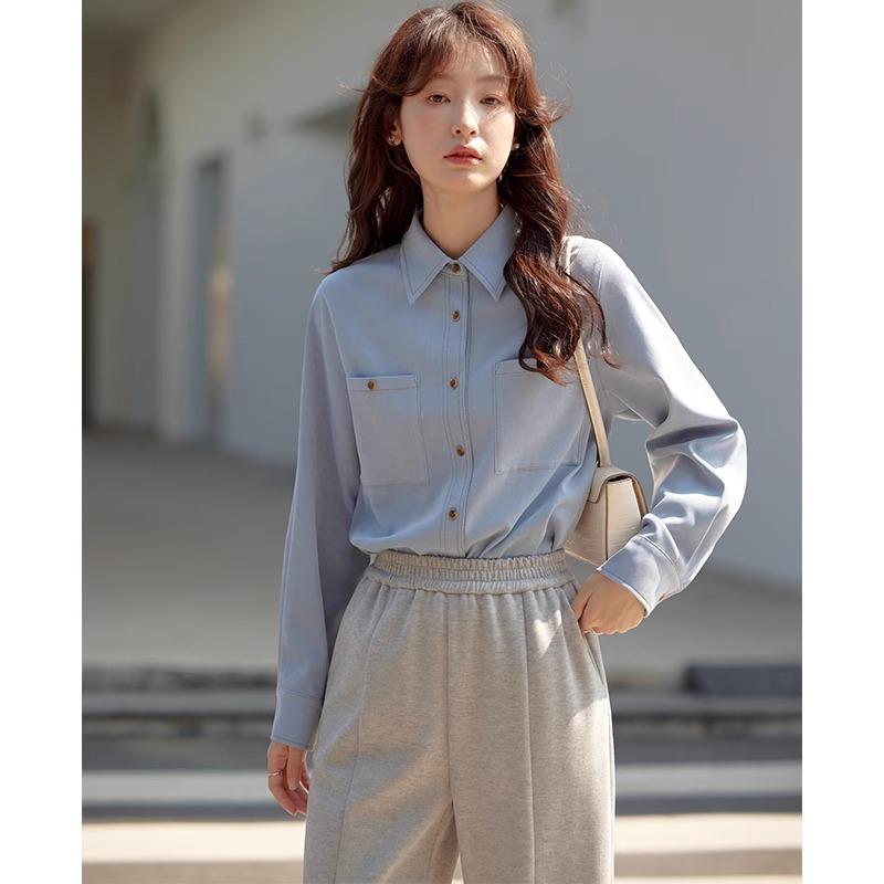 Korean Polo Collar Shirt for Women New Cream Blue Temperament Lapel Sense Commuter Shirt