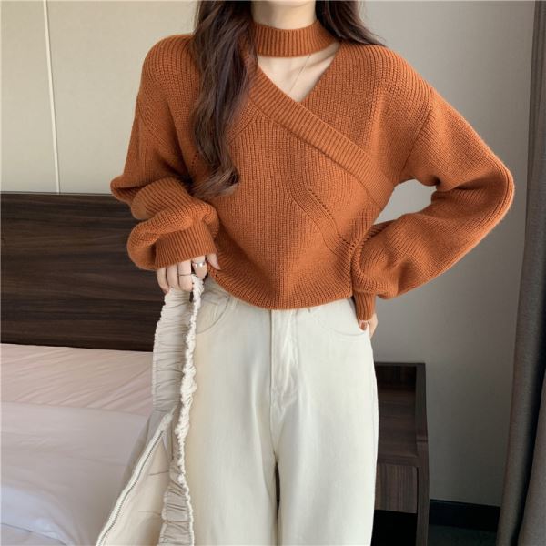 

Пуловеры Вязаный свитер V-образный вырез Рукав-фонарик Воротник-халтер Женский Милый корейский Укороченные свитера Женская одежда