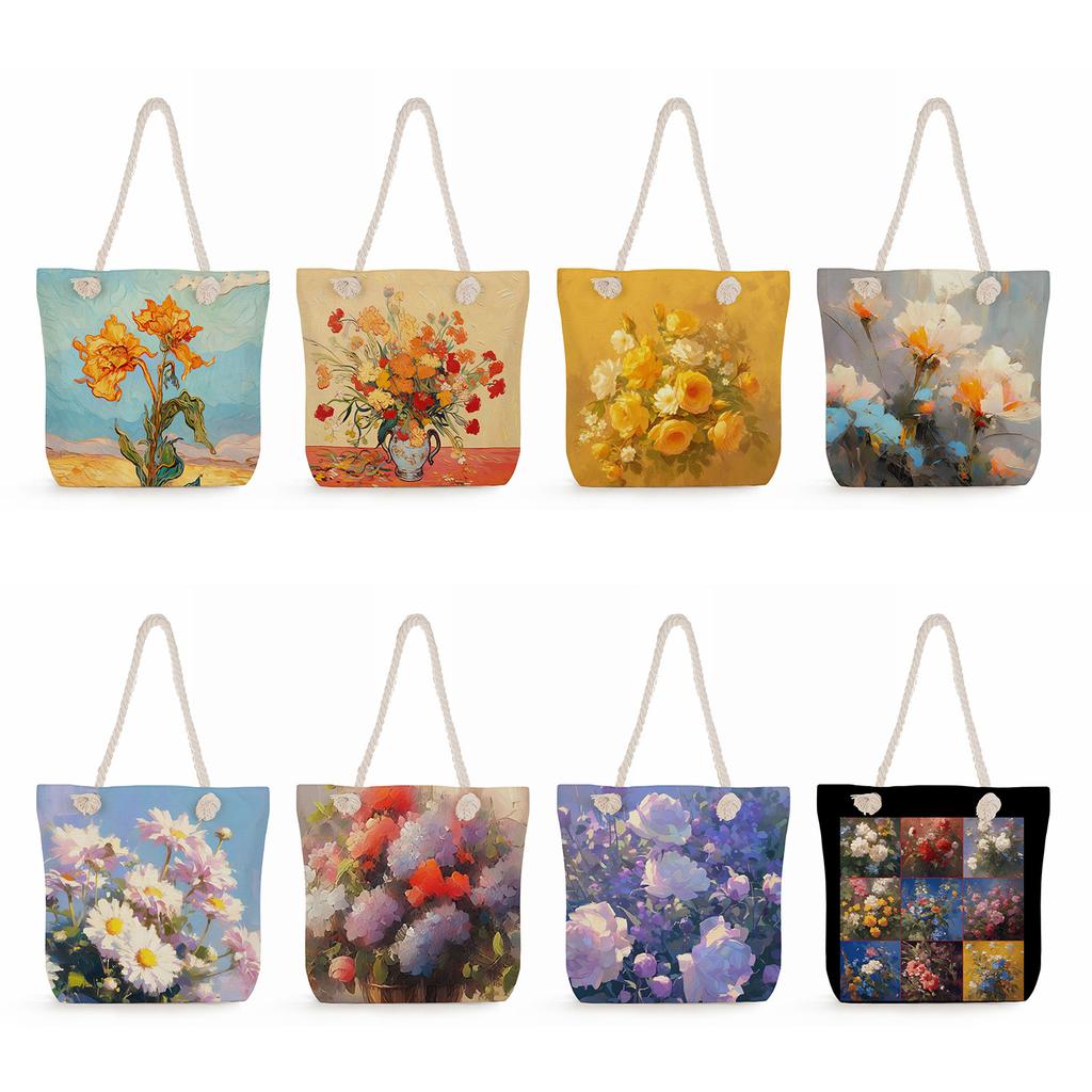 Multifunctional Oil painting flowers Printed Thick Rope Shoulder Beach Bag Casual large capacity handbag 0245