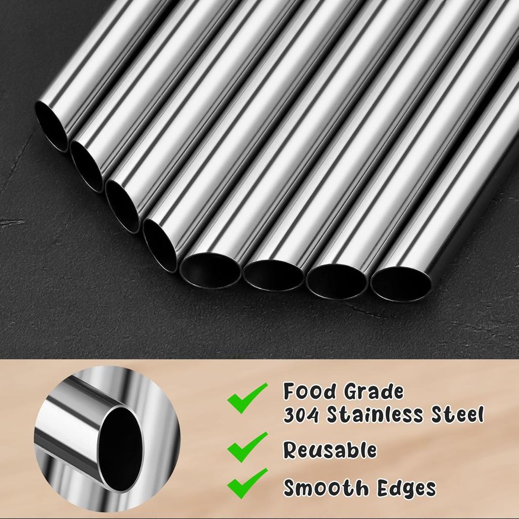 NiHome 6-Pack Stainless Steel Straws for Boba Smoothie, 0.5'' Extra Wide Reble Metal Straw, 10.5’’ Long Straight Drinking Straws for Bubble Tea