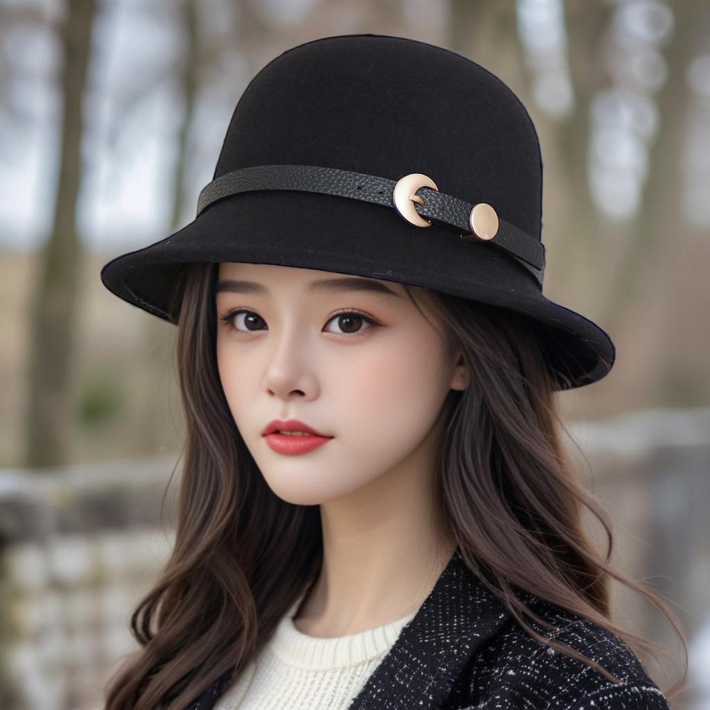 Hat Women's Autumn and Winter Wool British Thermal Basin Hat Foreign Style Short Brim Show Small Face Foldable Bucket Hat Tide