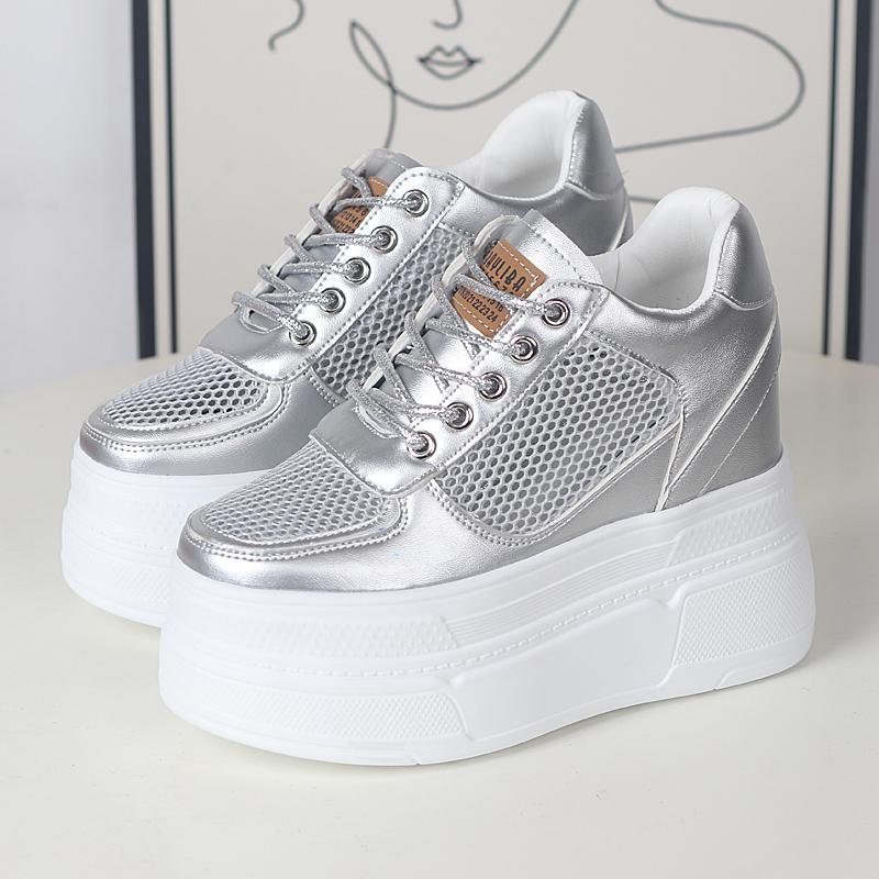 12CM Synthetisches Air Mesh Echtleder Schuhe Plateau Keil Sommer Stiefeletten Atmungsaktive Sandalen Damen Klobige Sneaker