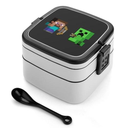 Minecraft Bento Box, Two-Tier, Fluffy Serving Lunch Box with Spoon, Antibacterial, Large Capacity, for Women, Men, and Children, 11cm High x 15.5cm Lo