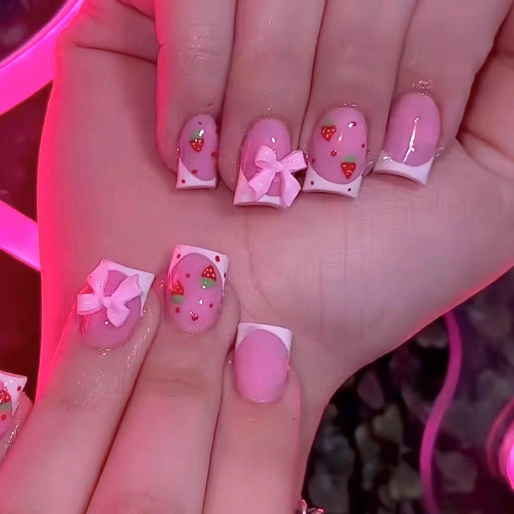 Glossy Black Square Nails with 3D Bows and Leopard Print – Versatile Daily Wear False Nails