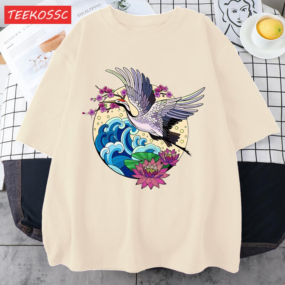 Cranes Enjoy Blooming Flowers Men T Shirts Vintage Fashion Soft Short Sleeve Summer Comfortable TShirt Unisex Cotton Loose Top